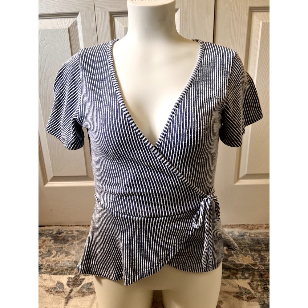 Caution to the Wind Babydoll Shirt Blue and White Stripes Y2K